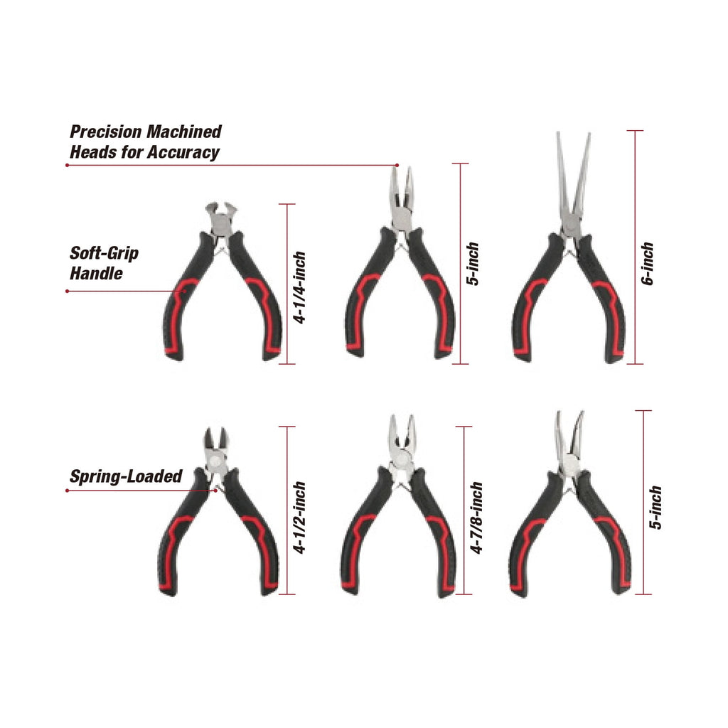 Hyper Tough 6-Piece Mini Pliers Set with Ergonomic Soft Grip Handles