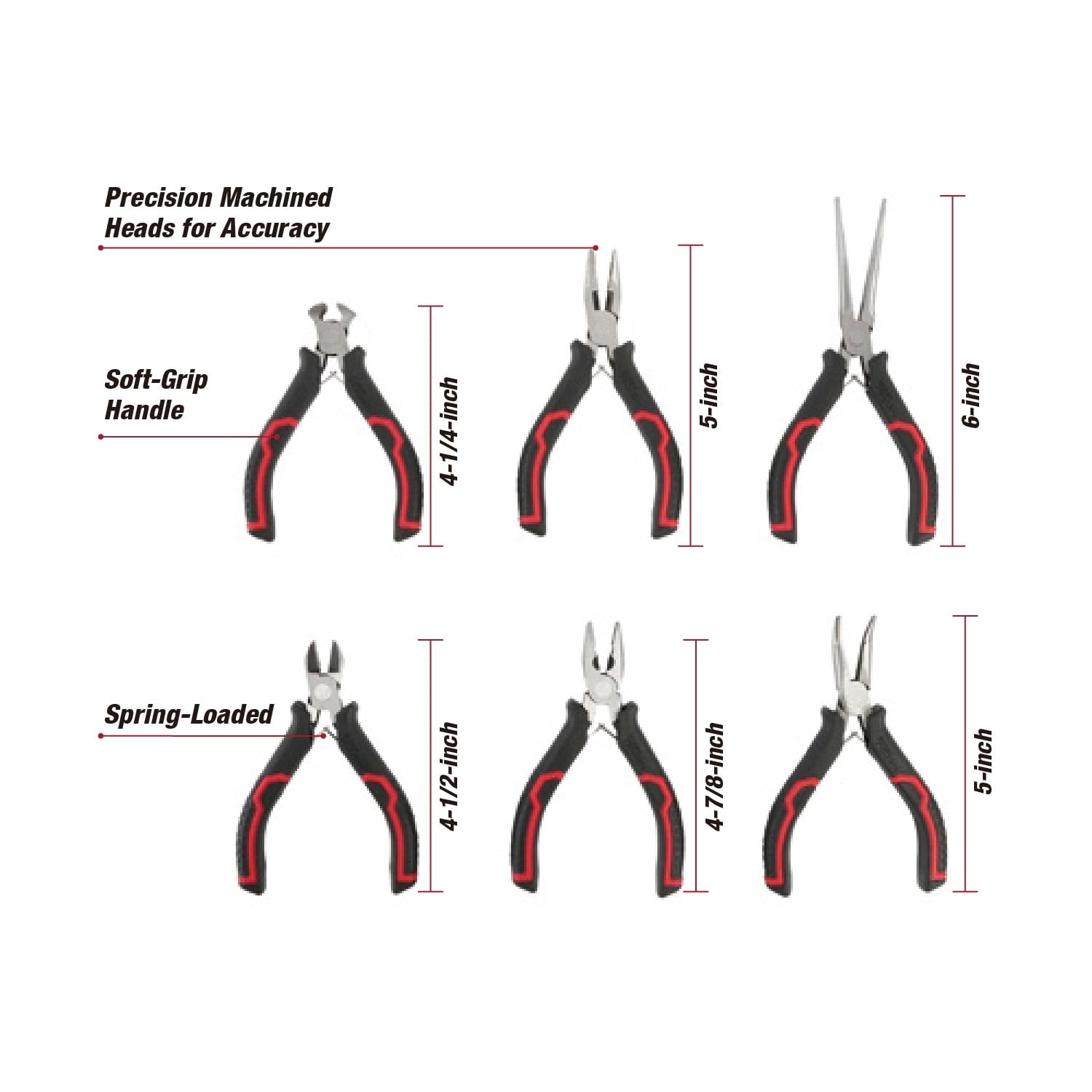 Hyper Tough 6-Piece Mini Pliers Set with Ergonomic Soft Grip Handles
