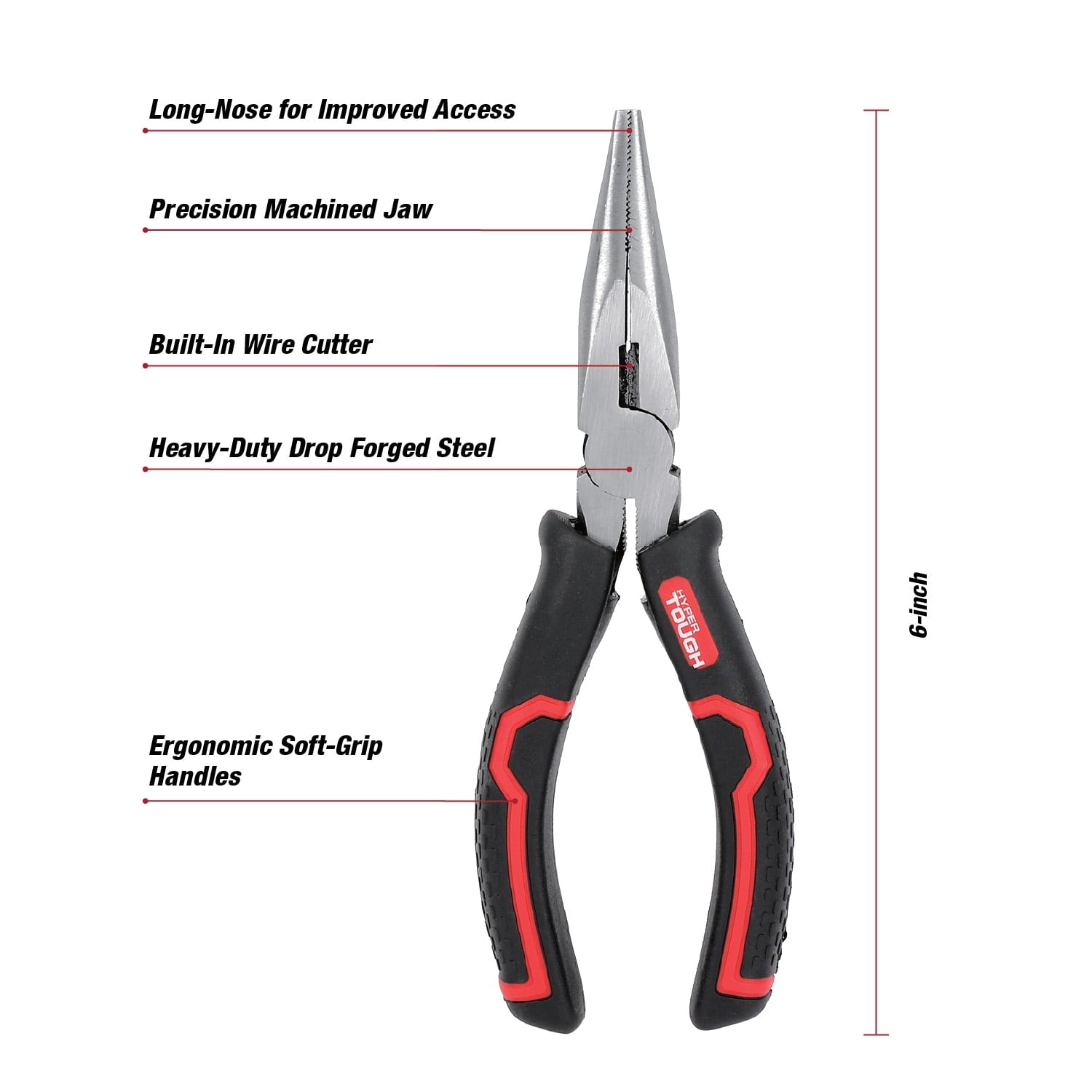 Hyper Tough 6-inch Long Nose Pliers with Ergonomic Soft Grip Handles