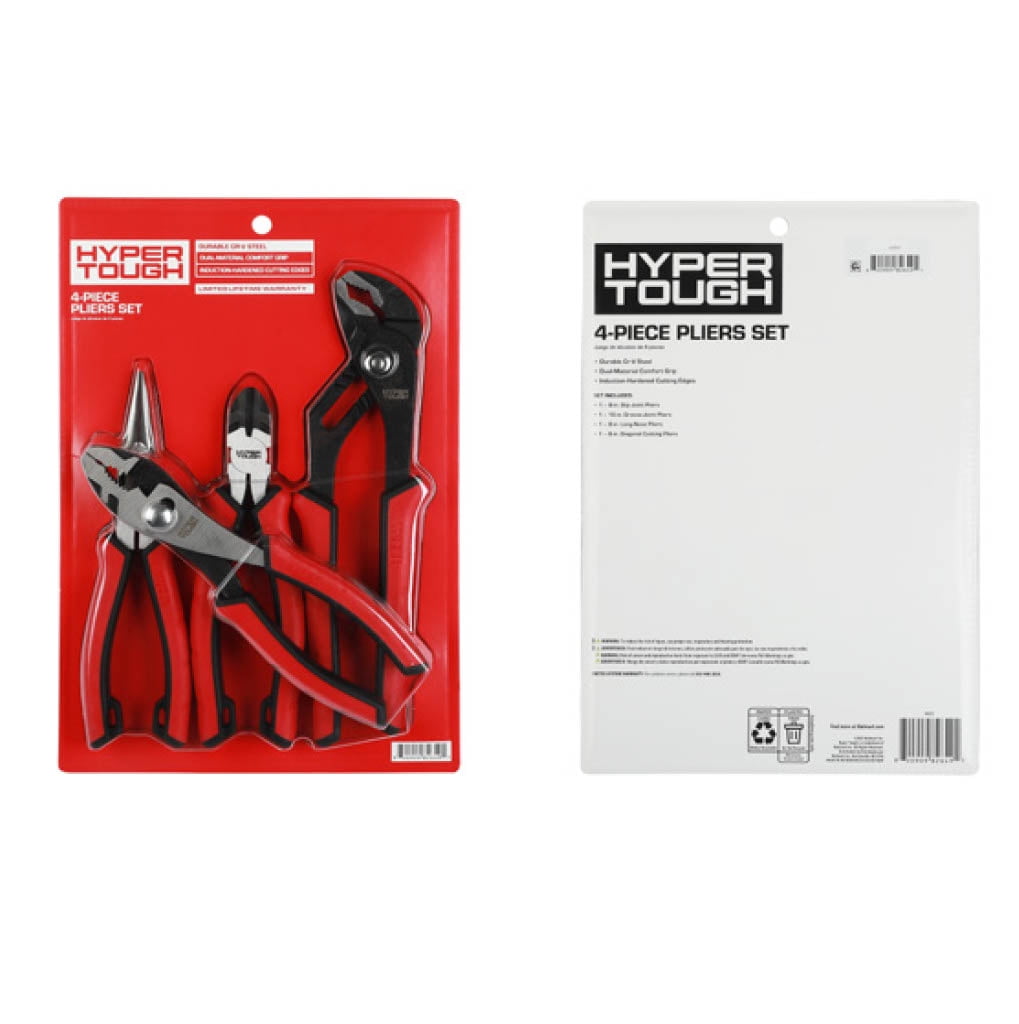 Hyper Tough 4-Piece CR-V Pliers Set with Dual Material Comfort Grips