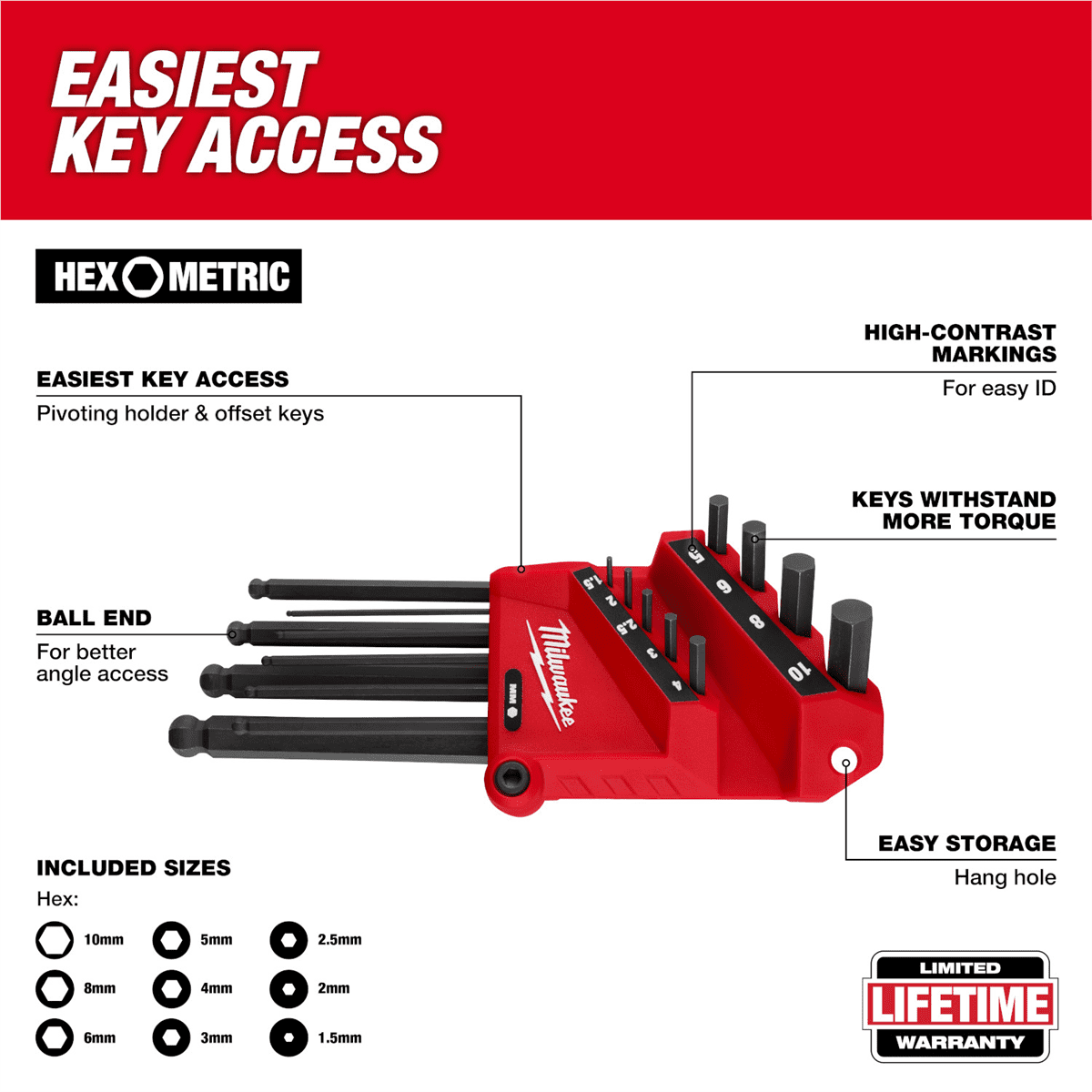 Milwaukee Tool 9-Key Ball End L-Style Hex Key Set - Metric