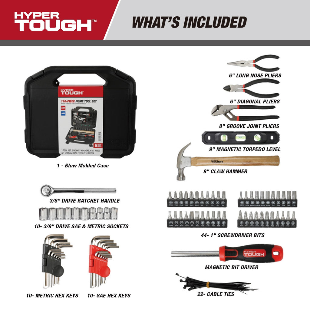 Hyper Tough 110-Piece Home Project Tool Set with Storage Case