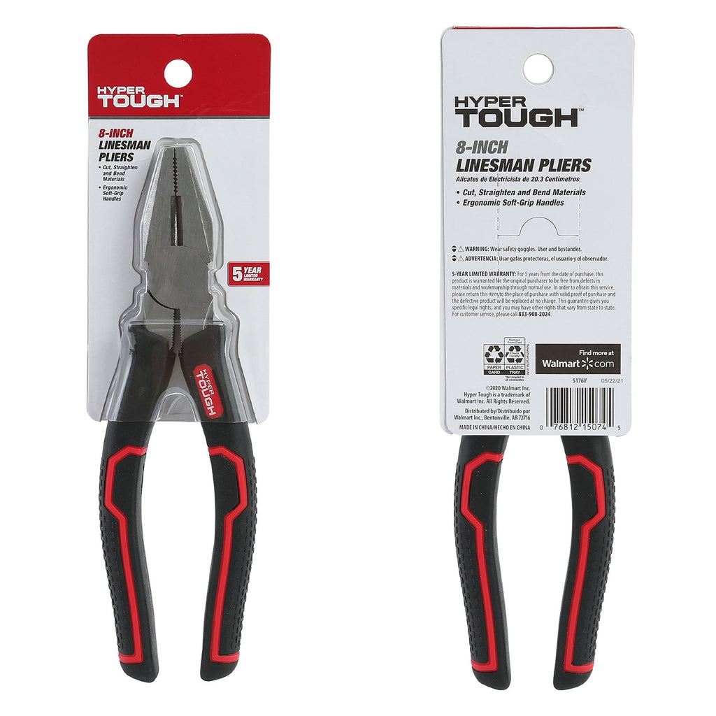 Hyper Tough 8-inch Linesman Pliers with Ergonomic Soft Grips, 5176V