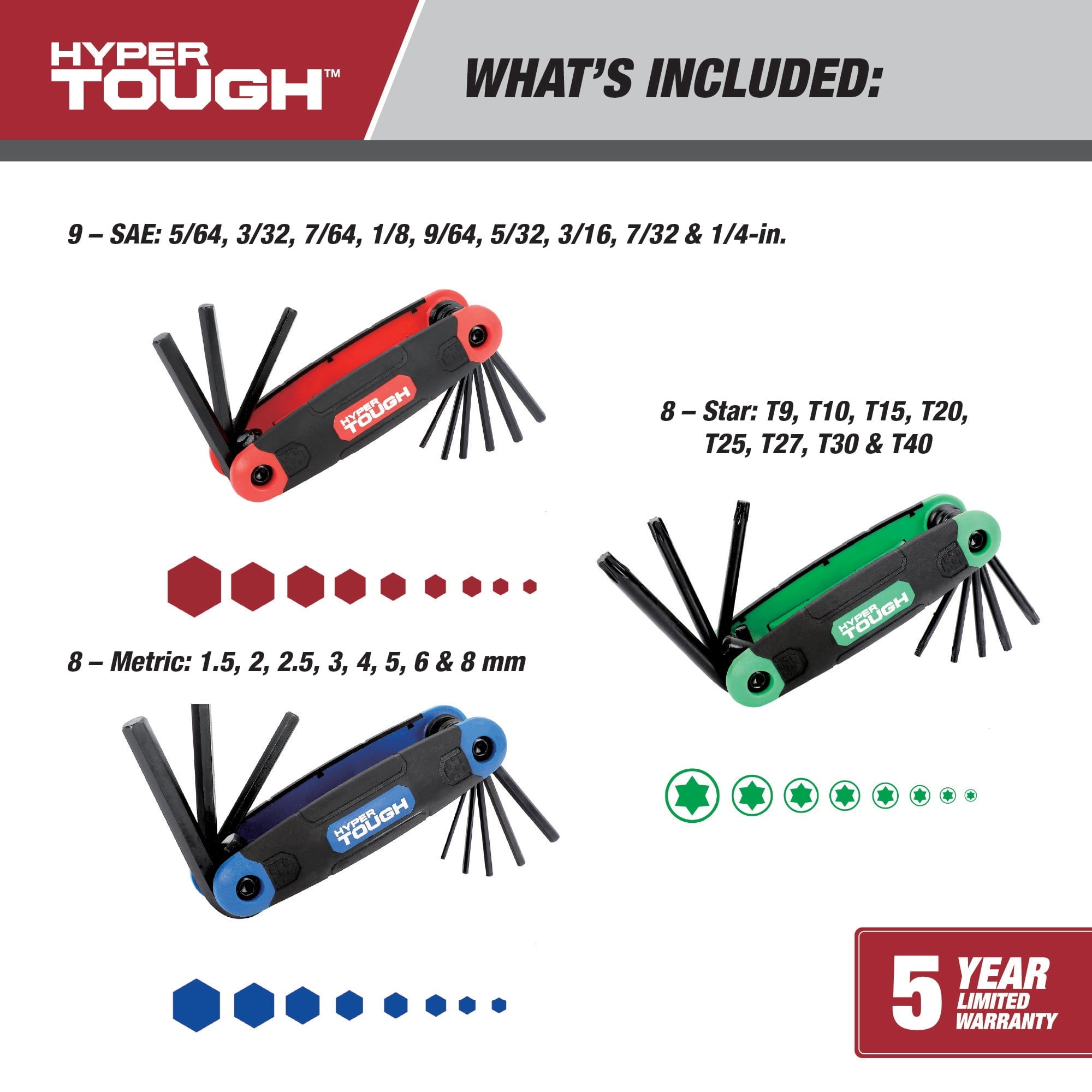 Hyper Tough 3-Pack Folding Hex Key Set with SAE Metric and Star