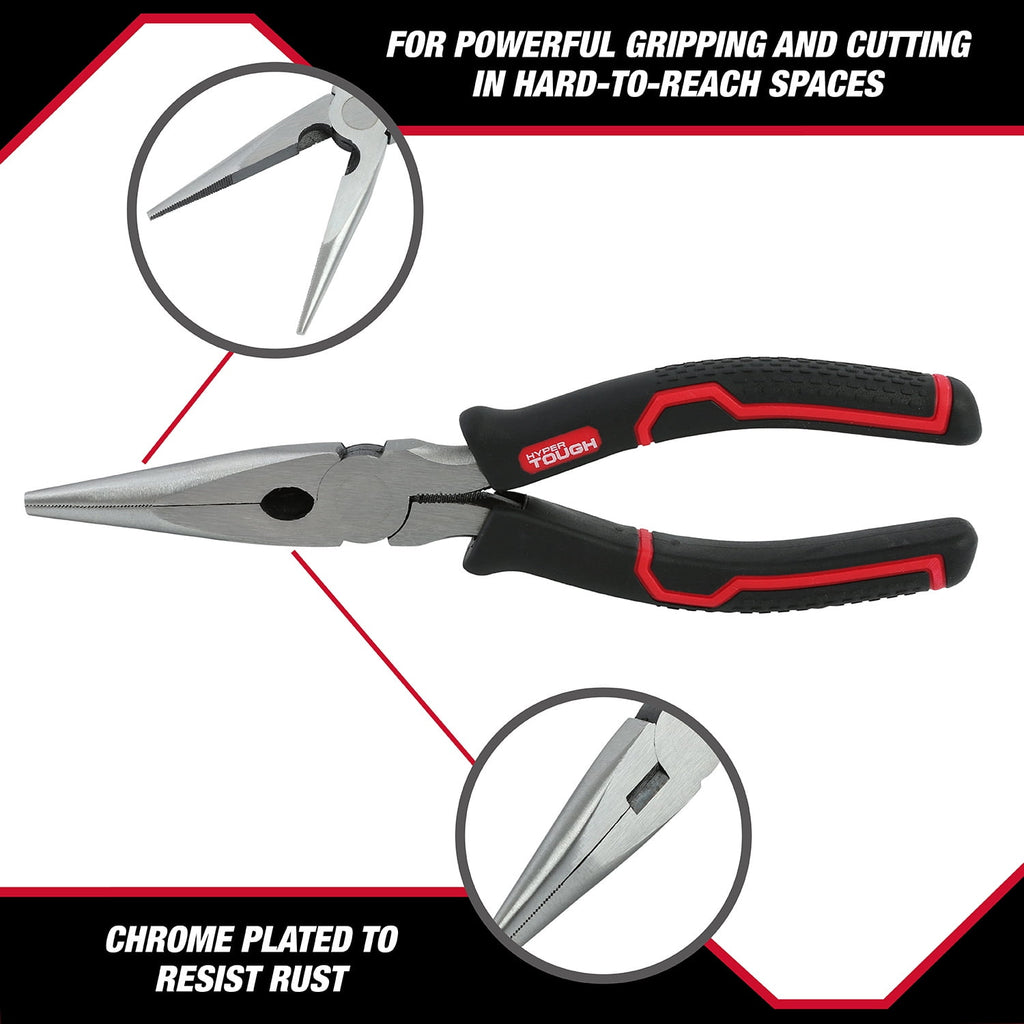 Hyper Tough 8-inch Long Nose Pliers with Ergonomic Comfort Grips, 5170V
