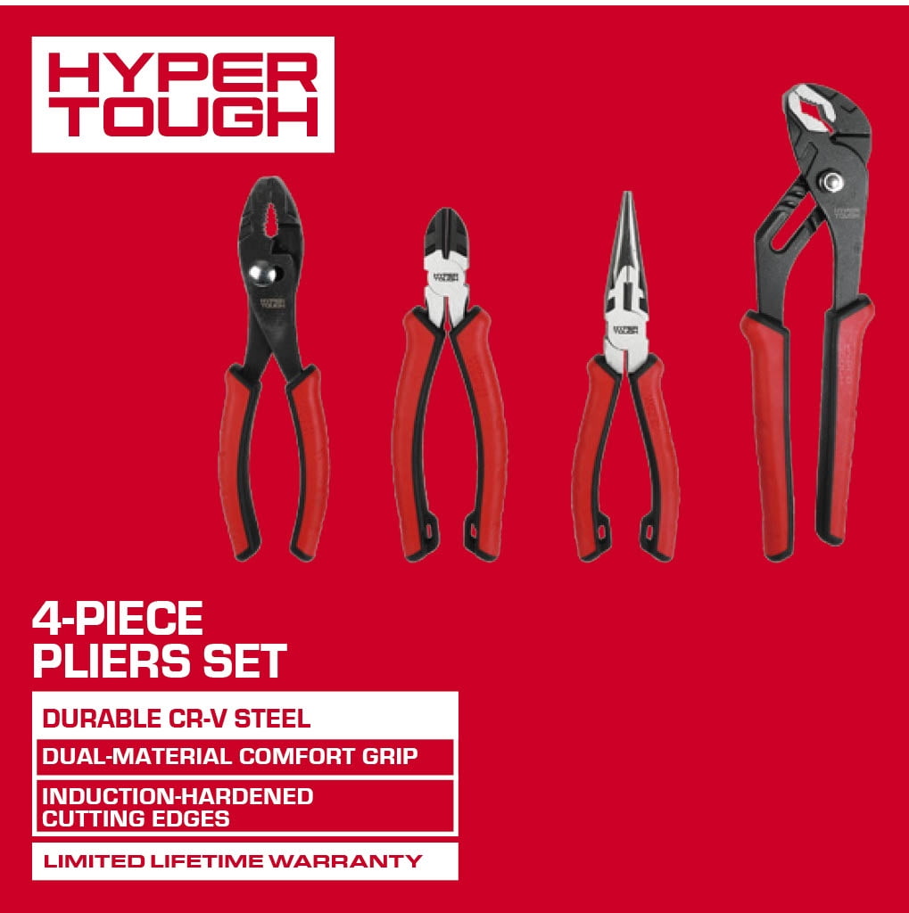Hyper Tough 4-Piece CR-V Pliers Set with Dual Material Comfort Grips