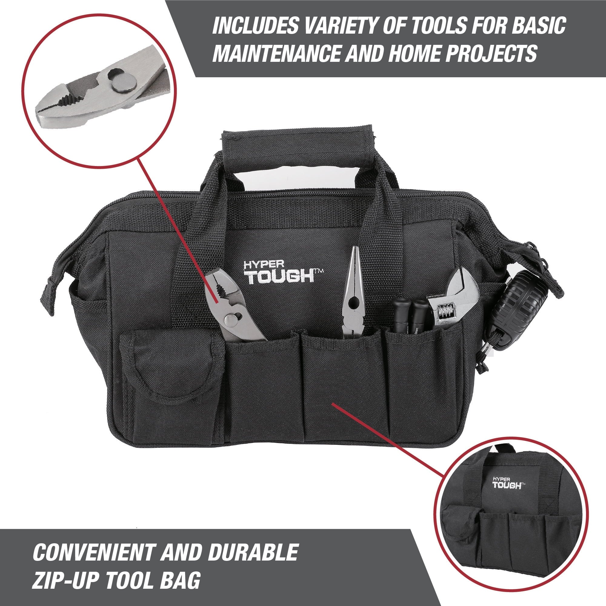 Hyper Tough 89-Piece Black Household Tool Set with 12-Pocket Tool Bag
