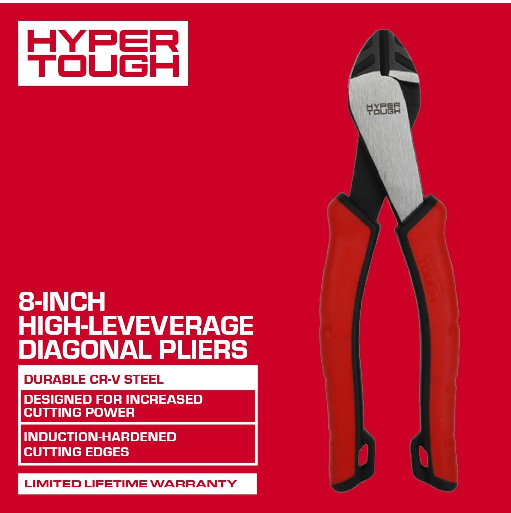 Hyper Tough 8-inch High Leverage Diagonal Pliers with Dual Material Comfort Grips