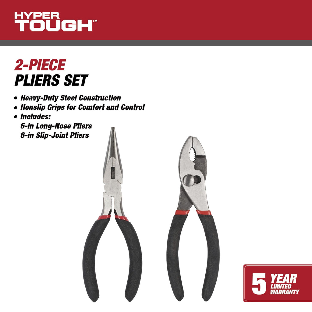 Hyper Tough 2-Piece 6-inch Pliers Set with Slip-Joint and Long Nose Pliers