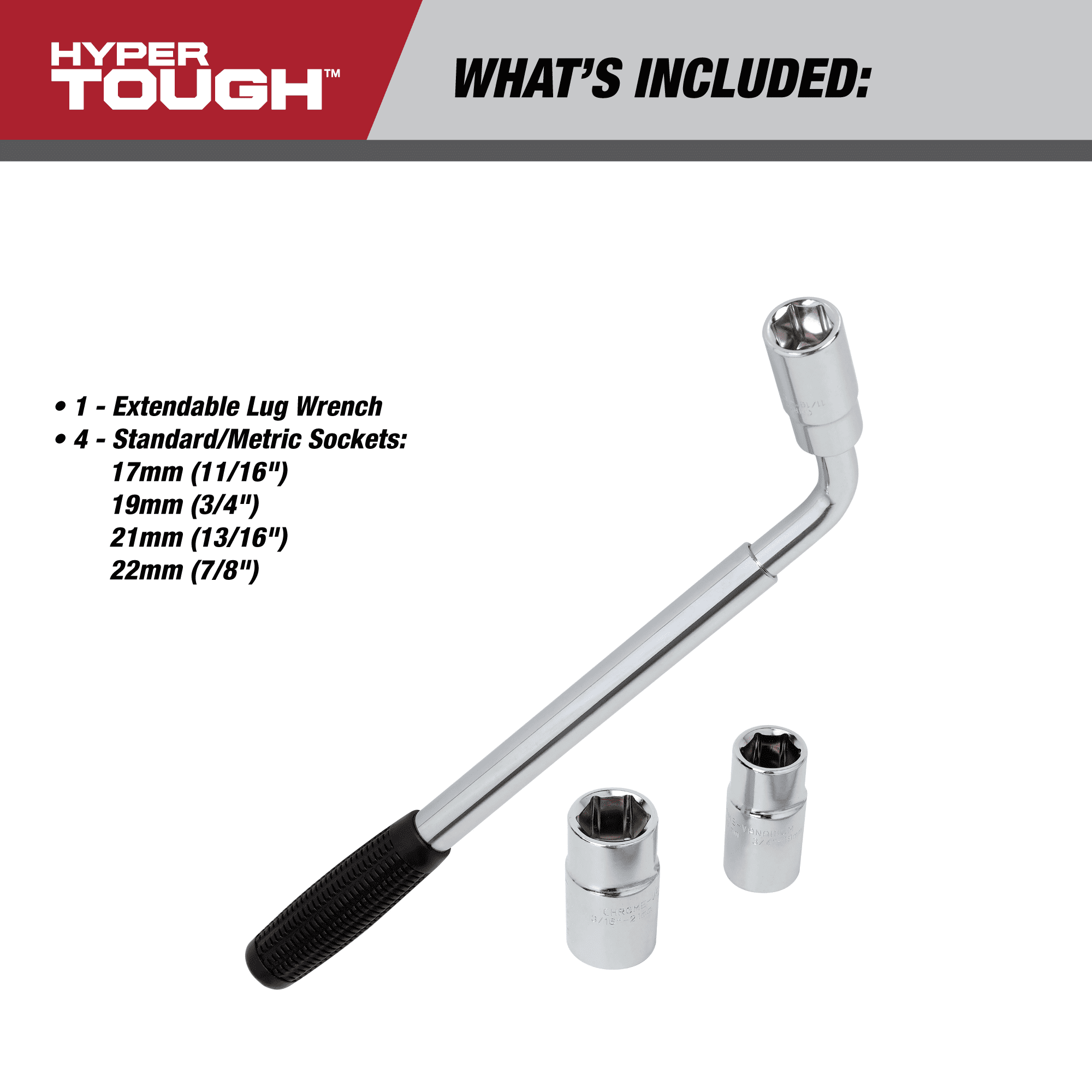 Hyper Tough Heavy Duty Extendable Lug Wrench, 15 to 22-inch Tire Iron, Chrome
