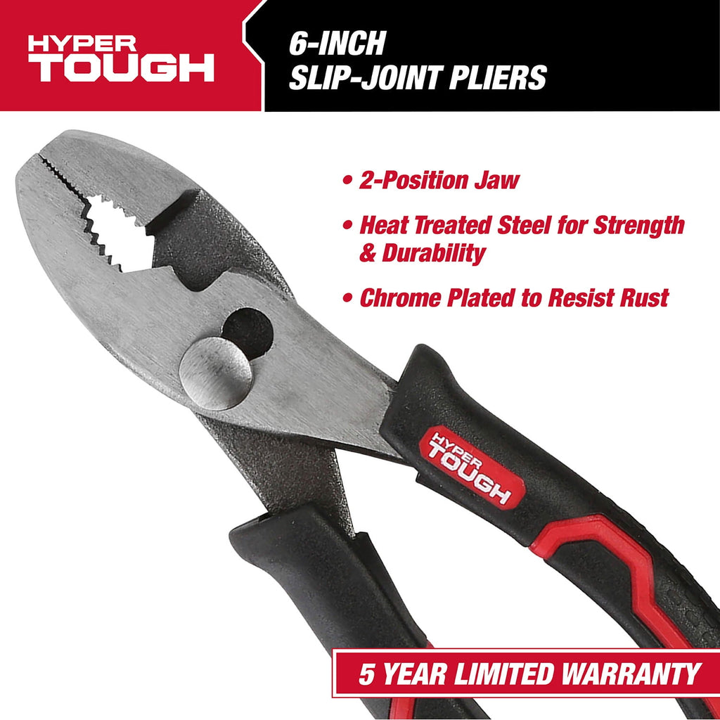 Hyper Tough 6-inch Slip Joint Pliers with Ergonomic Soft Grip Handles