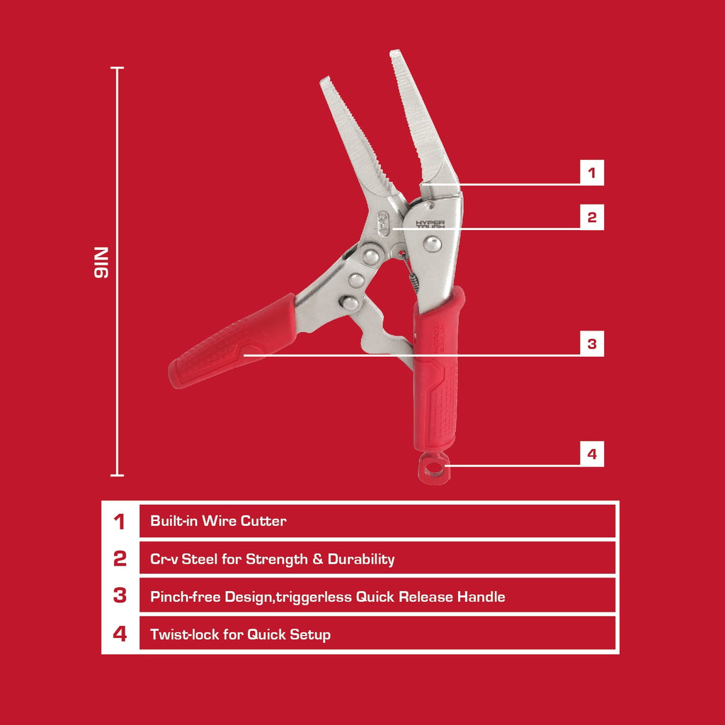 Hyper Tough 9-inch Long-Nose Locking Pliers with Triggerless Release