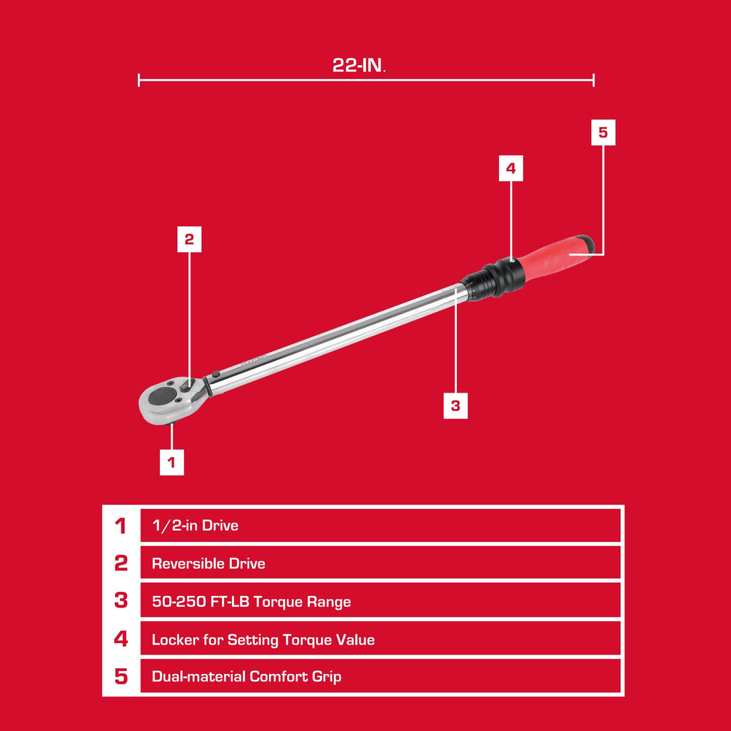 Hyper Tough 1/2-inch Heavy-Duty Torque Wrench, 50-250 ft-lbs