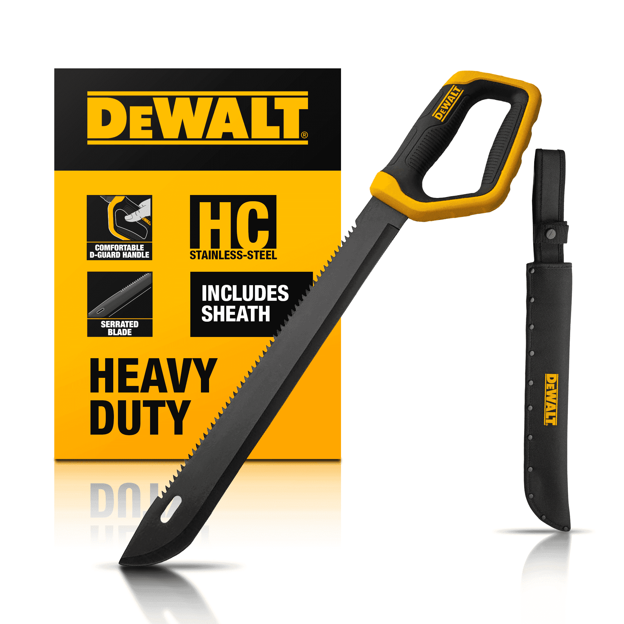 DEWALT 21 Inch D-Guard Utility Knife Full Tang Stainless Steel Blade with Saw Back & D-Guard Non-Slip Handle with Nylon Sheath for Brush Clearing, Yard Work, Camping and Outdoor Use