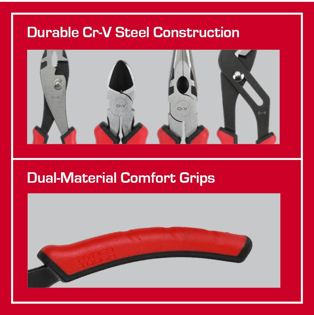 Hyper Tough 4-Piece CR-V Pliers Set with Dual Material Comfort Grips