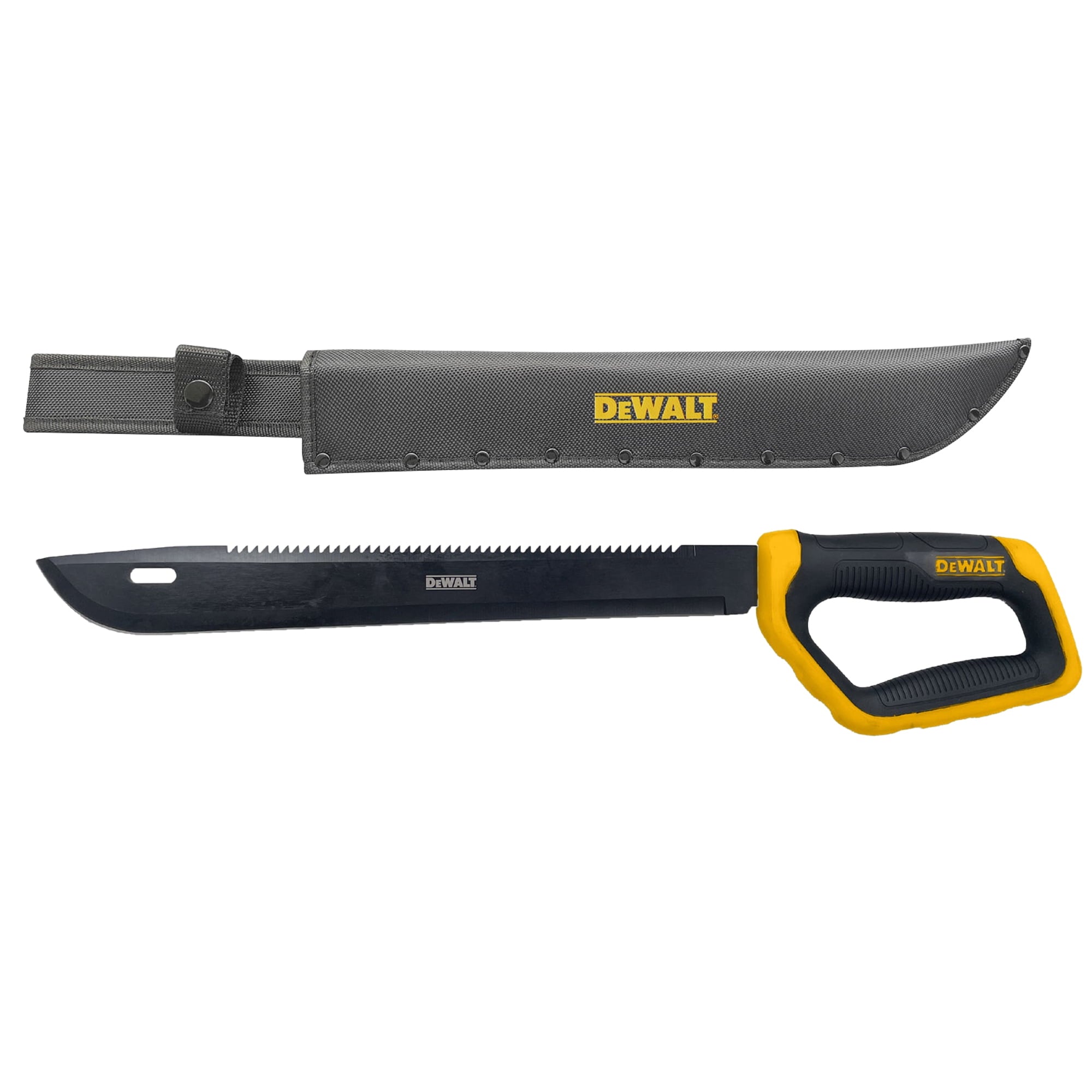 DEWALT 21 Inch D-Guard Utility Knife Full Tang Stainless Steel Blade with Saw Back & D-Guard Non-Slip Handle with Nylon Sheath for Brush Clearing, Yard Work, Camping and Outdoor Use