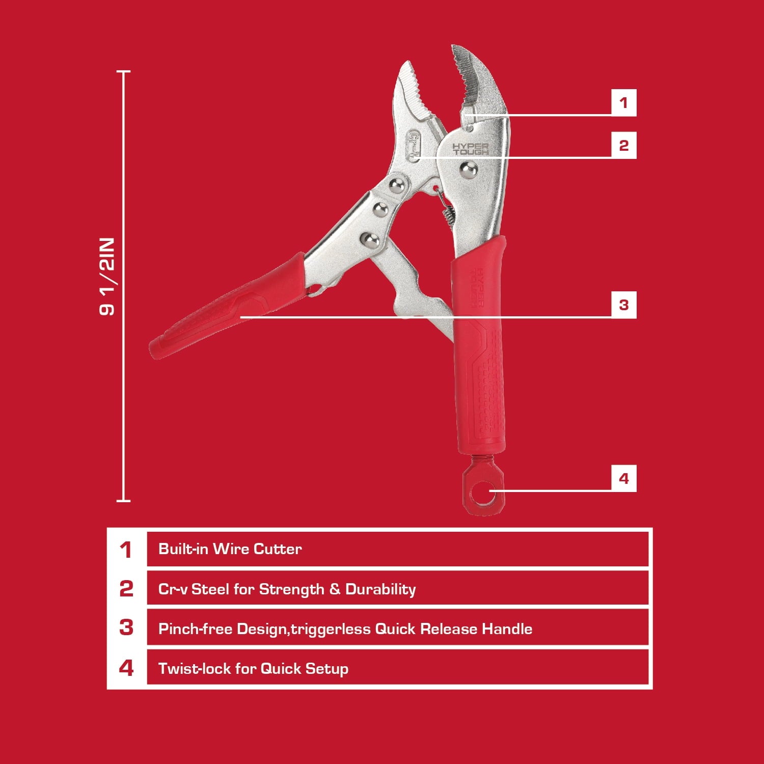 Hyper Tough 10-inch Curved Jaw Locking Plier with Triggerless Release