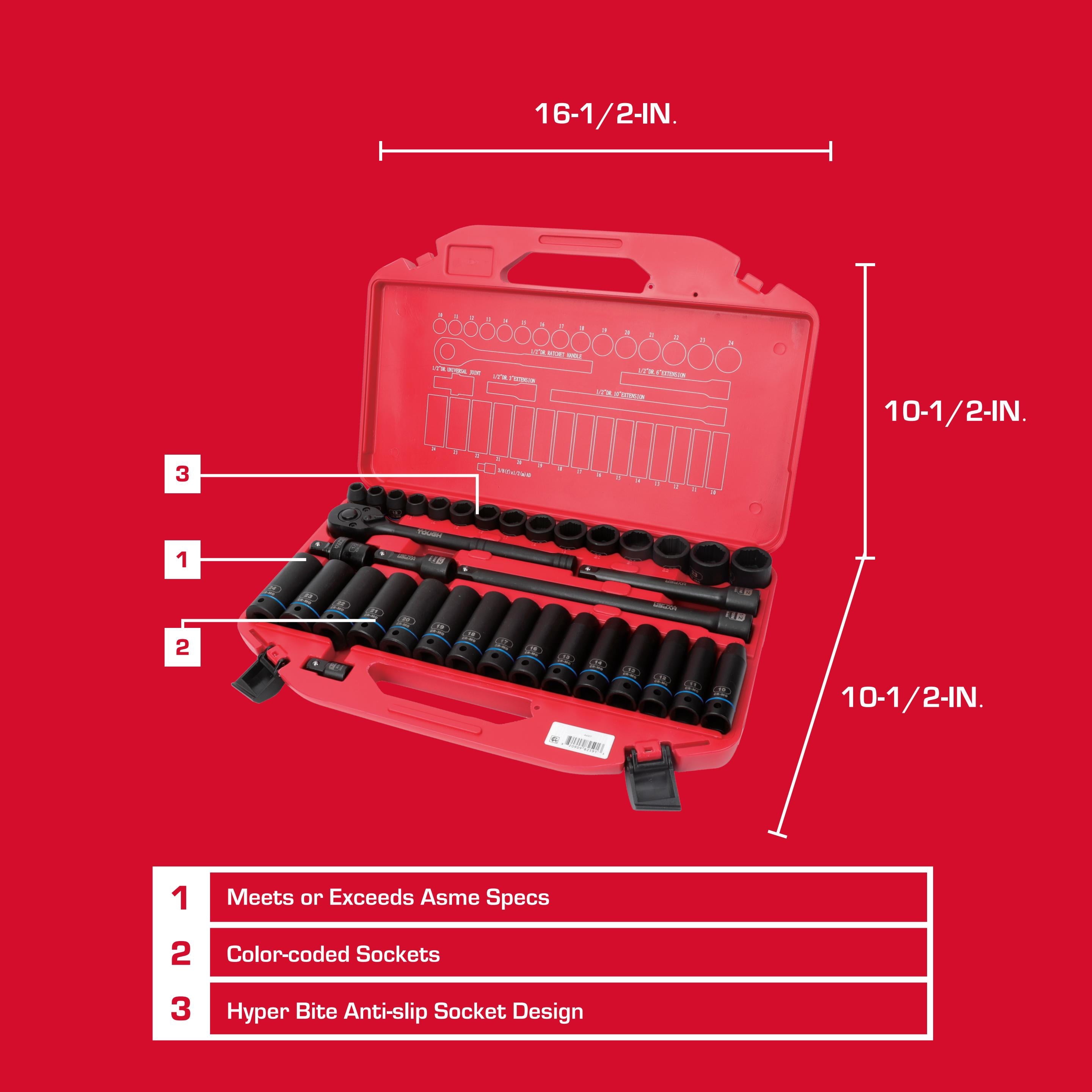 Hyper Tough 36-Piece 1/2-inch Drive Metric CRMO Impact Socket Set (mm)