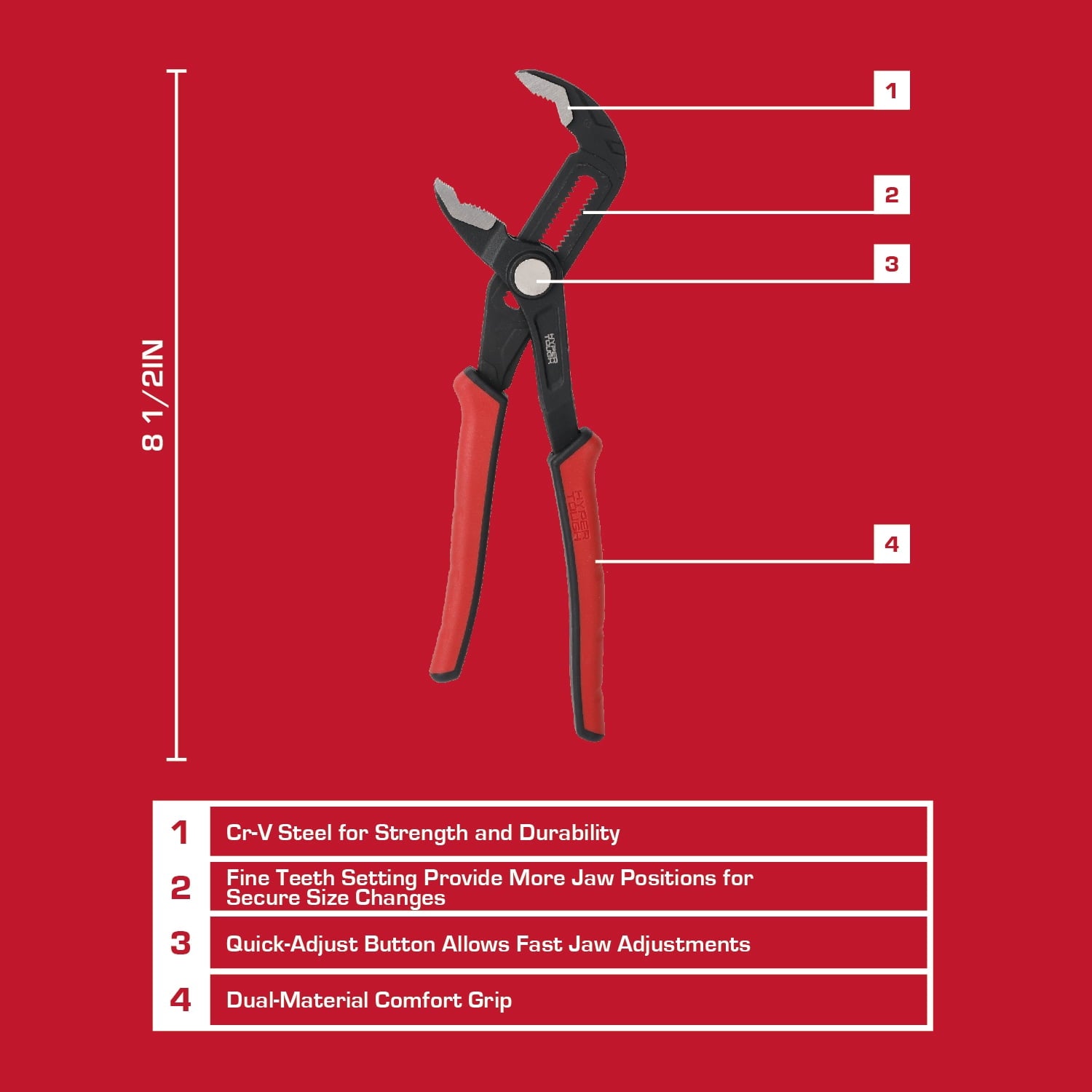 Hyper Tough 8-inch Quick Adjust Groove Joint Pliers