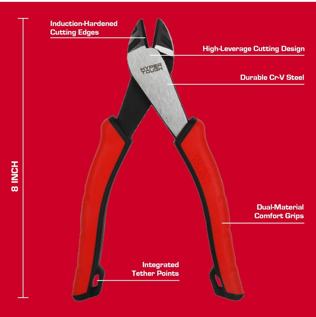 Hyper Tough 8-inch High Leverage Diagonal Pliers with Dual Material Comfort Grips