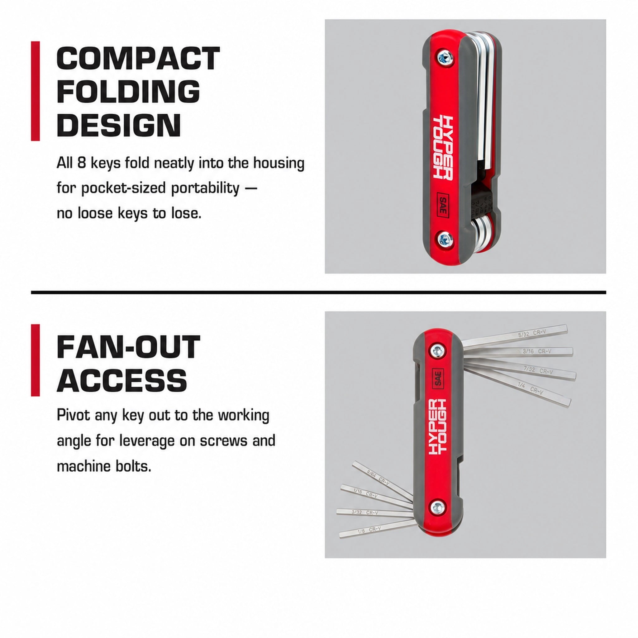 Hyper Tough Heavy-Duty Folding SAE Hex Key Set, 8 Pieces
