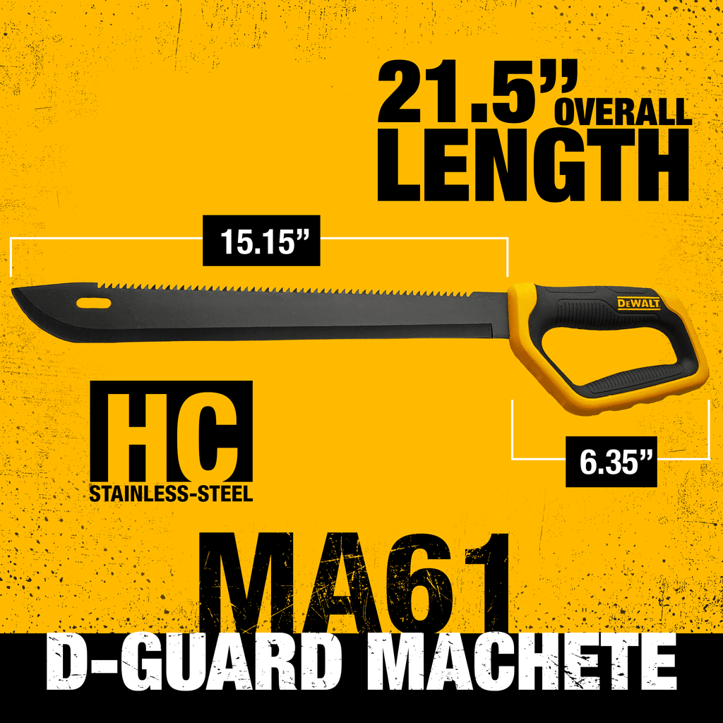 DEWALT 21 Inch D-Guard Utility Knife Full Tang Stainless Steel Blade with Saw Back & D-Guard Non-Slip Handle with Nylon Sheath for Brush Clearing, Yard Work, Camping and Outdoor Use