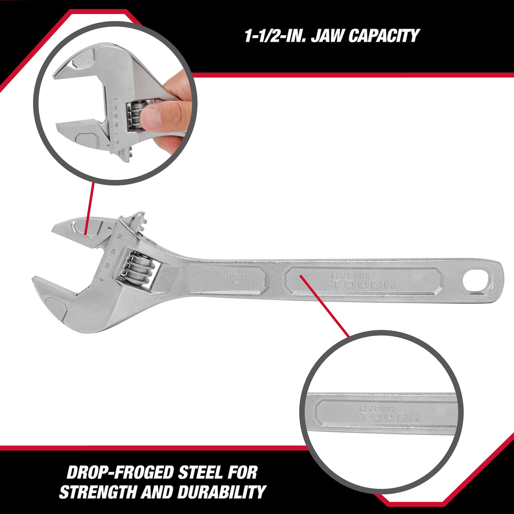Hyper Tough 12-inch Adjustable Wrench, 1-3/4-inch Jaw Capacity
