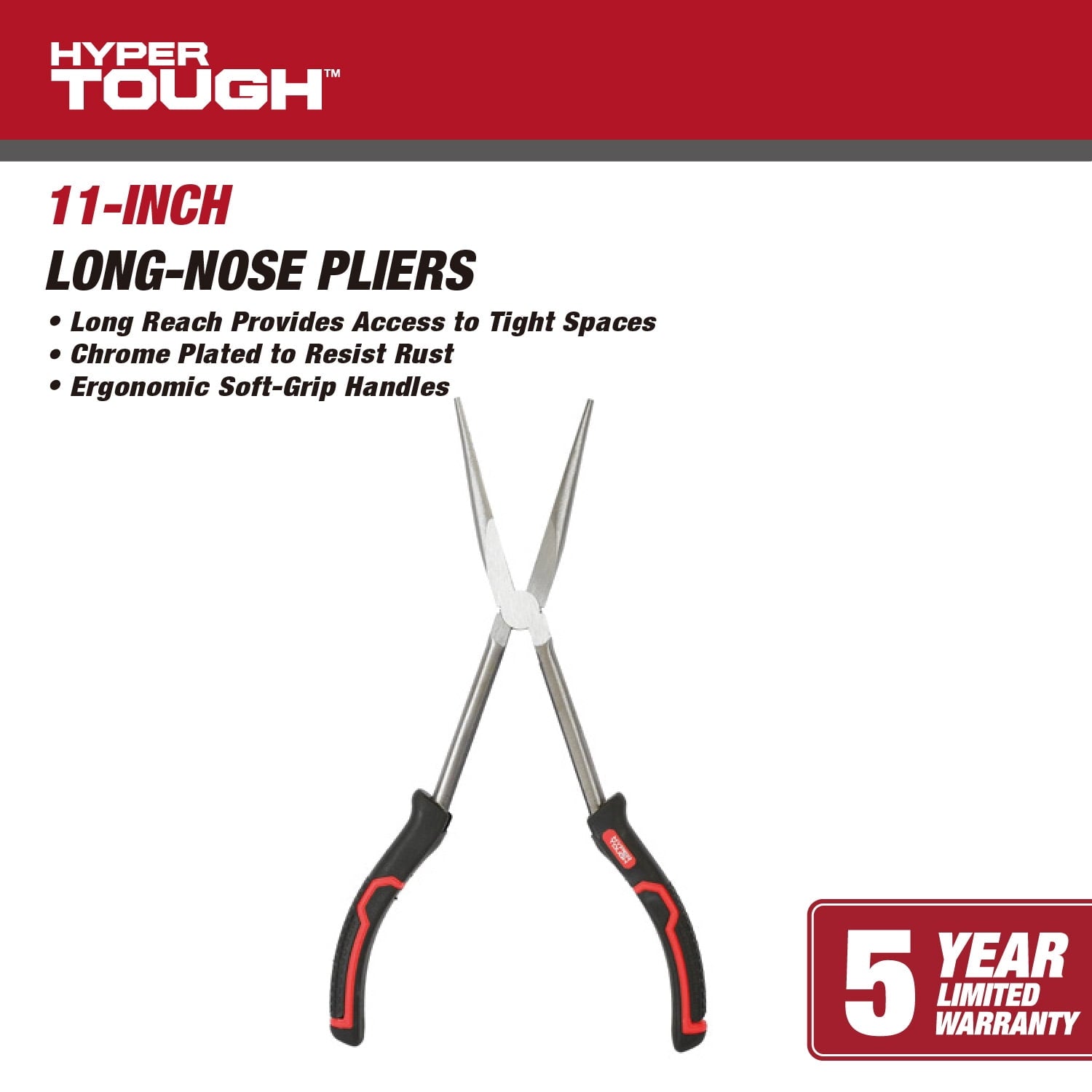 Hyper Tough 11-inch Long Nose Pliers with Ergonomic Soft Grip Handles