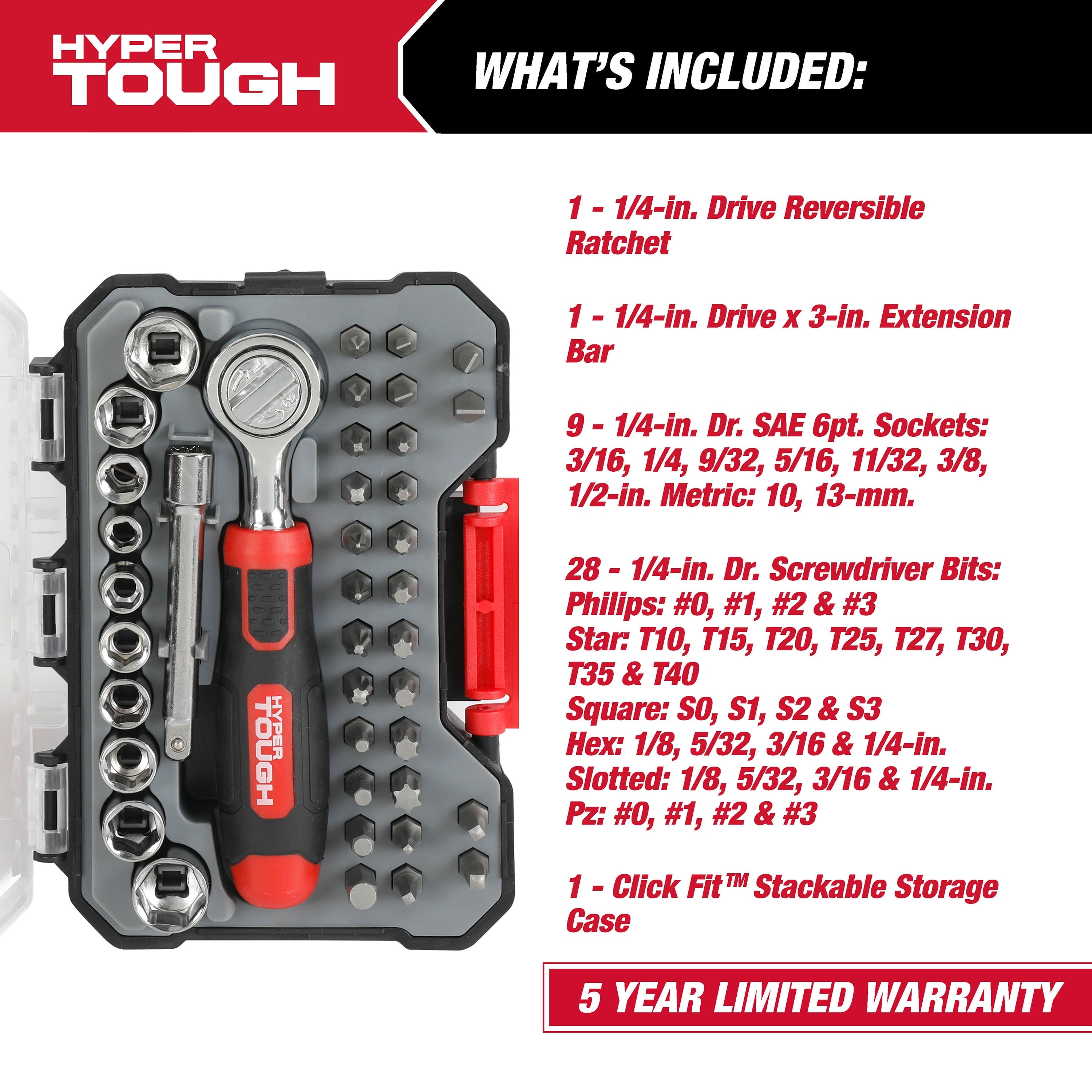 Hyper Tough 40-Piece Ratchet with Sockets and Bits in Click Fit Case