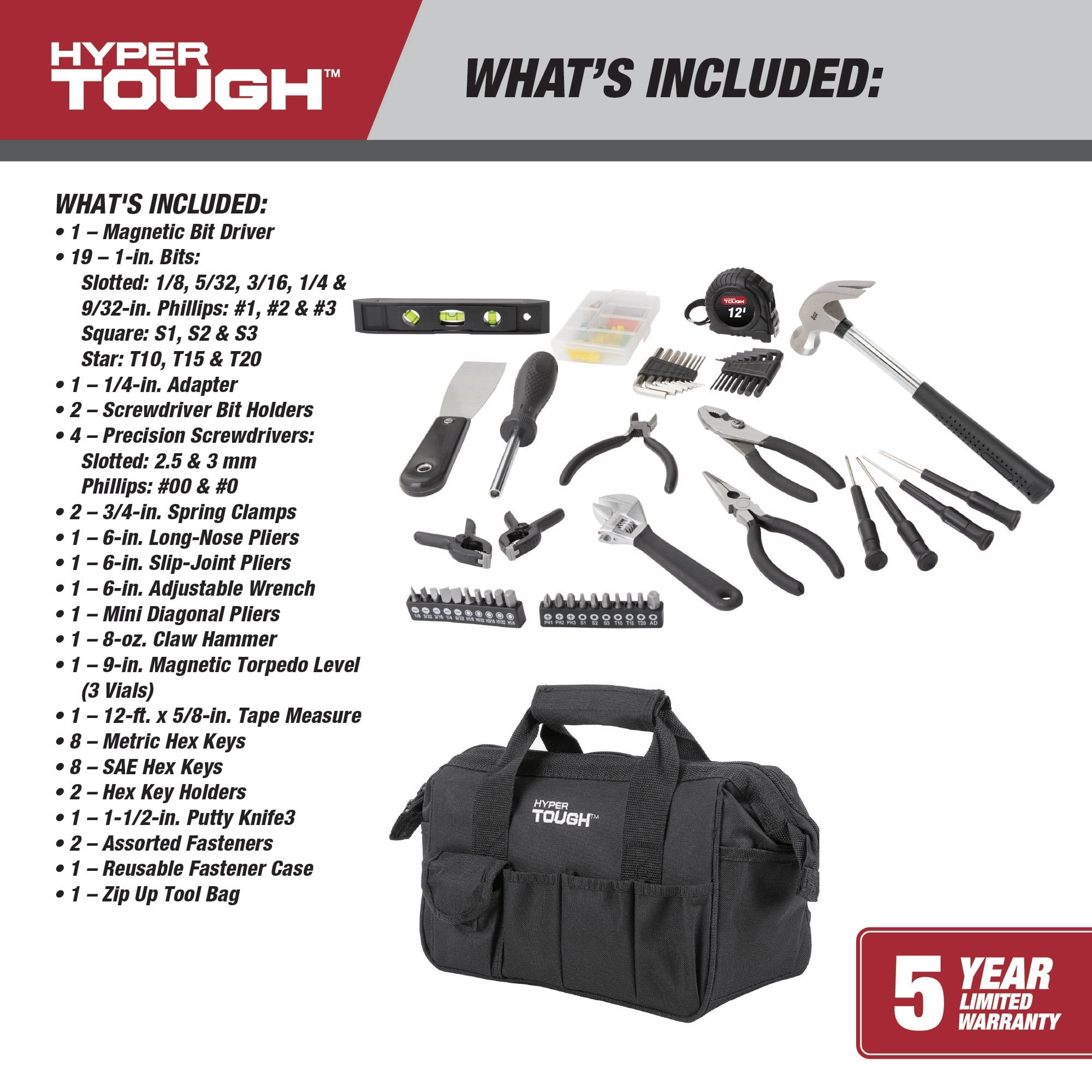 Hyper Tough 89-Piece Black Household Tool Set with 12-Pocket Tool Bag