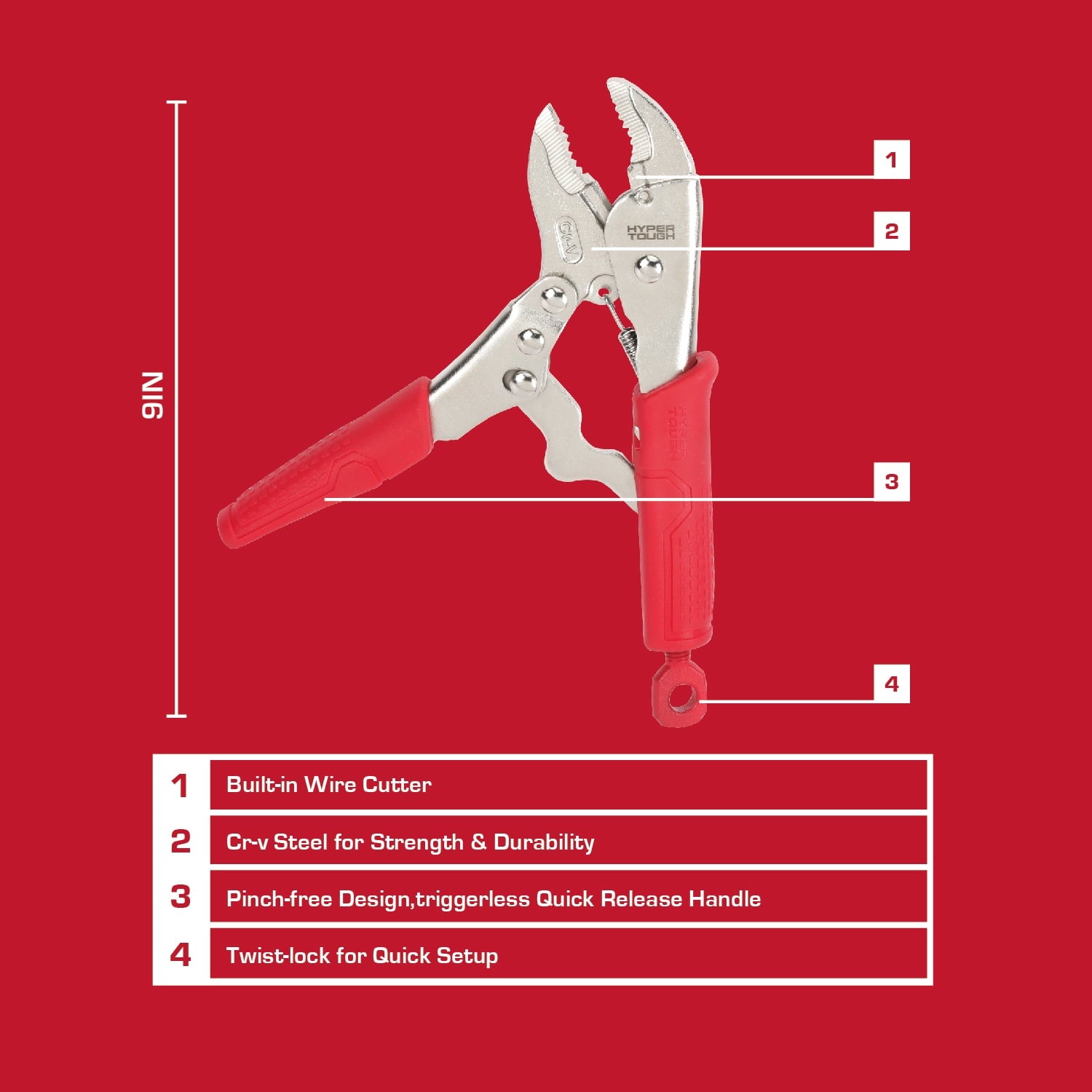 Hyper Tough 7-inch Curved Jaw Locking Pliers with Triggerless Release