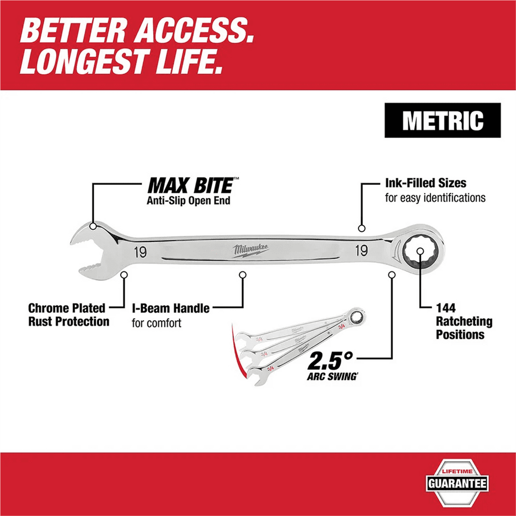Milwaukee Tool 21MM Metric Ratcheting Combination Wrench, 12-Point, Steel, Chrome