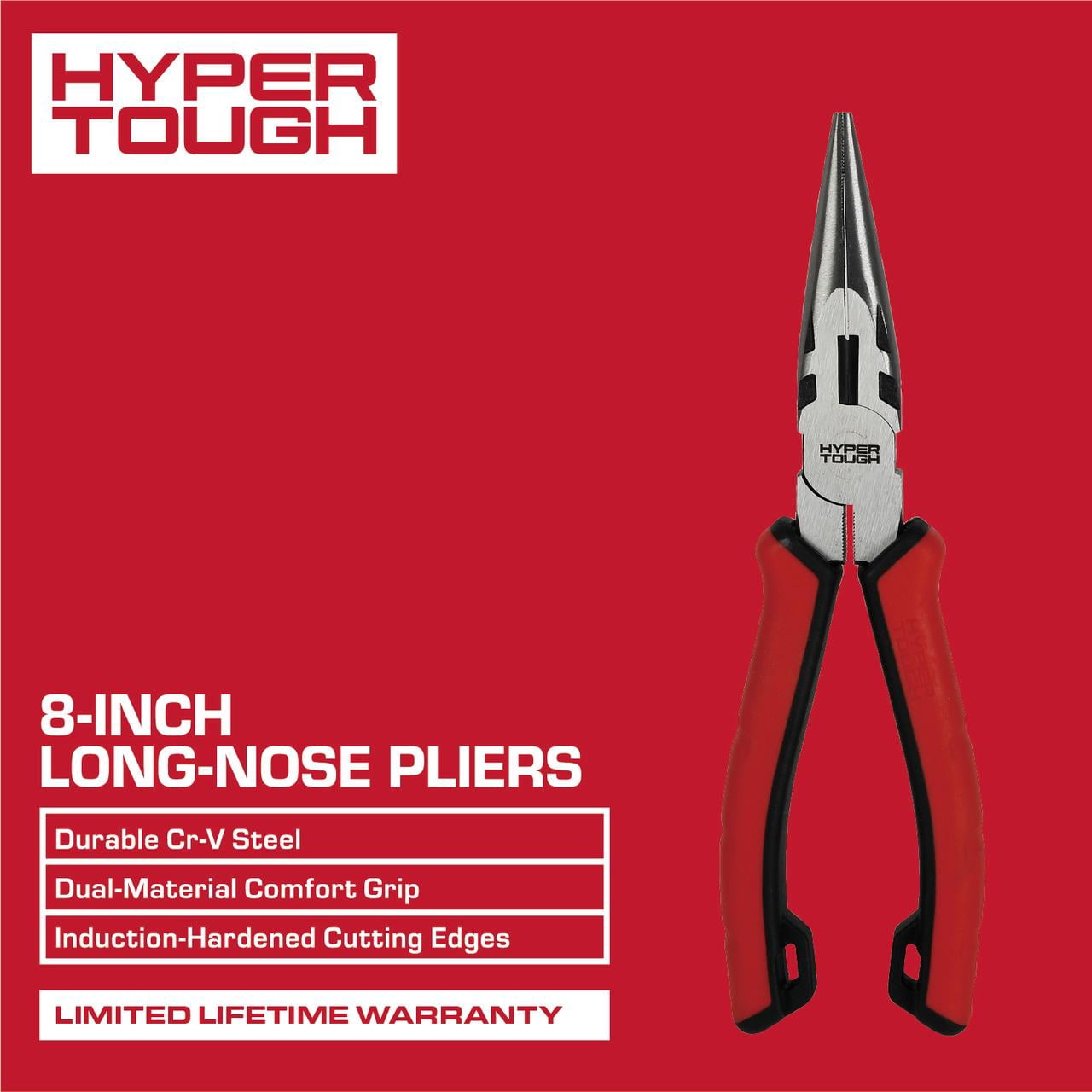 Hyper Tough 8-inch Long-nose Pliers with Dual Material Comfort Grips