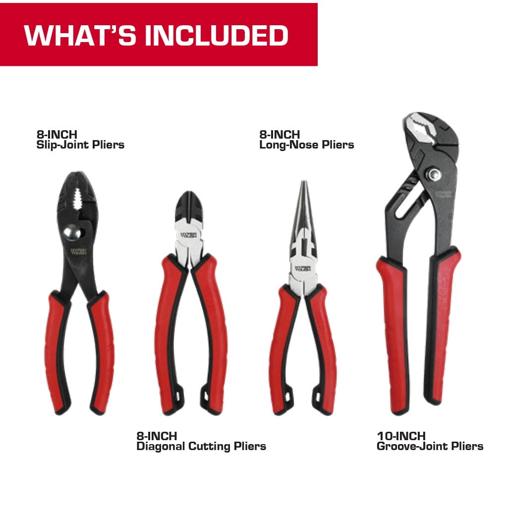 Hyper Tough 4-Piece CR-V Pliers Set with Dual Material Comfort Grips