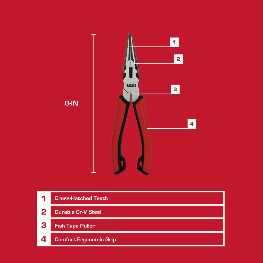 Hyper Tough 8-inch Long-nose Pliers with Dual Material Comfort Grips