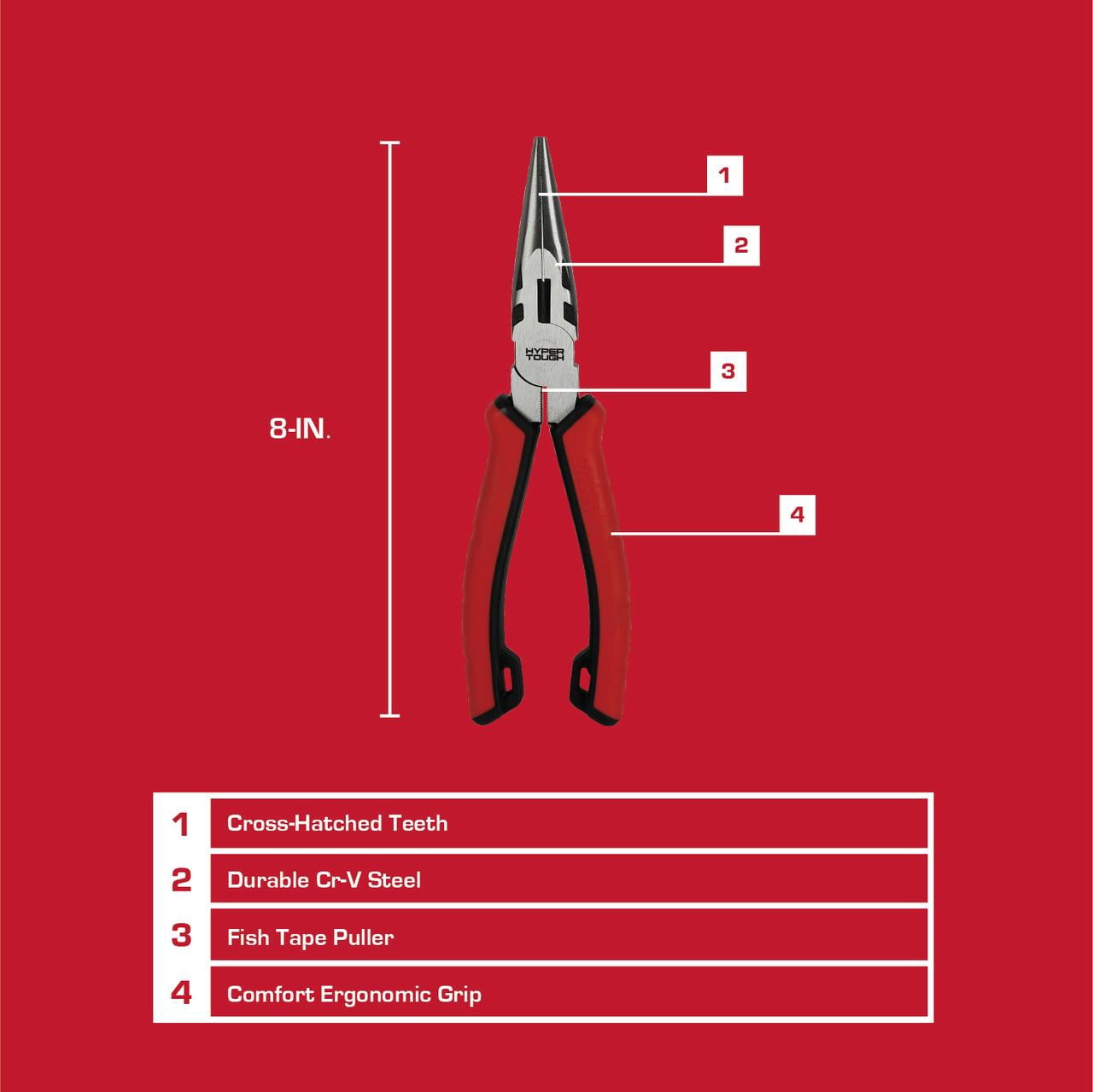 Hyper Tough 8-inch Long-nose Pliers with Dual Material Comfort Grips