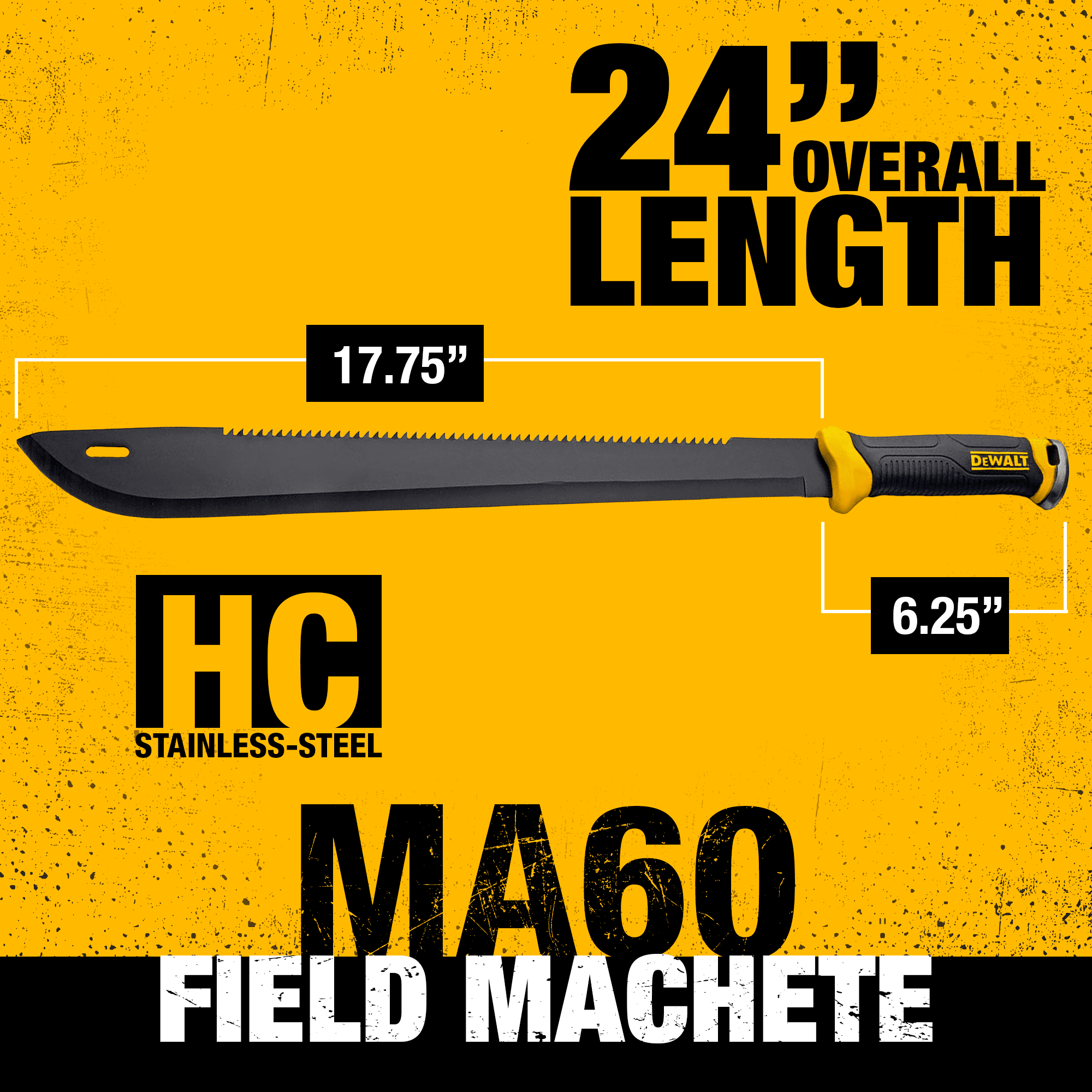 DEWALT 24 Inch Full Tang Stainless Steel Blade with Saw Back Construction & Non-Slip Handle with Nylon Sheath for Brush Clearing, Yard Work, Camping & Outdoor Use