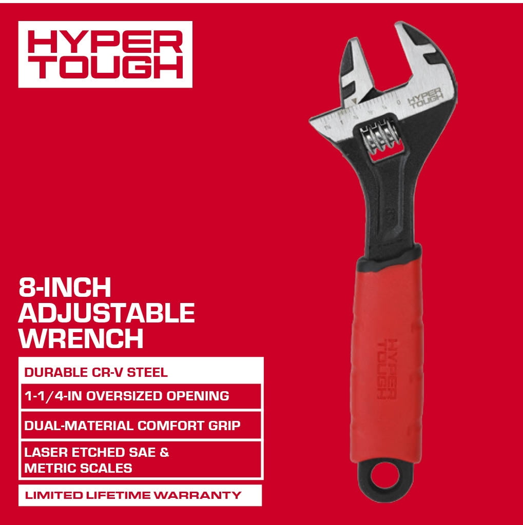Hyper Tough 8-inch Wide Jaw Adjustable Wrench, Dual Material Comfort Grips